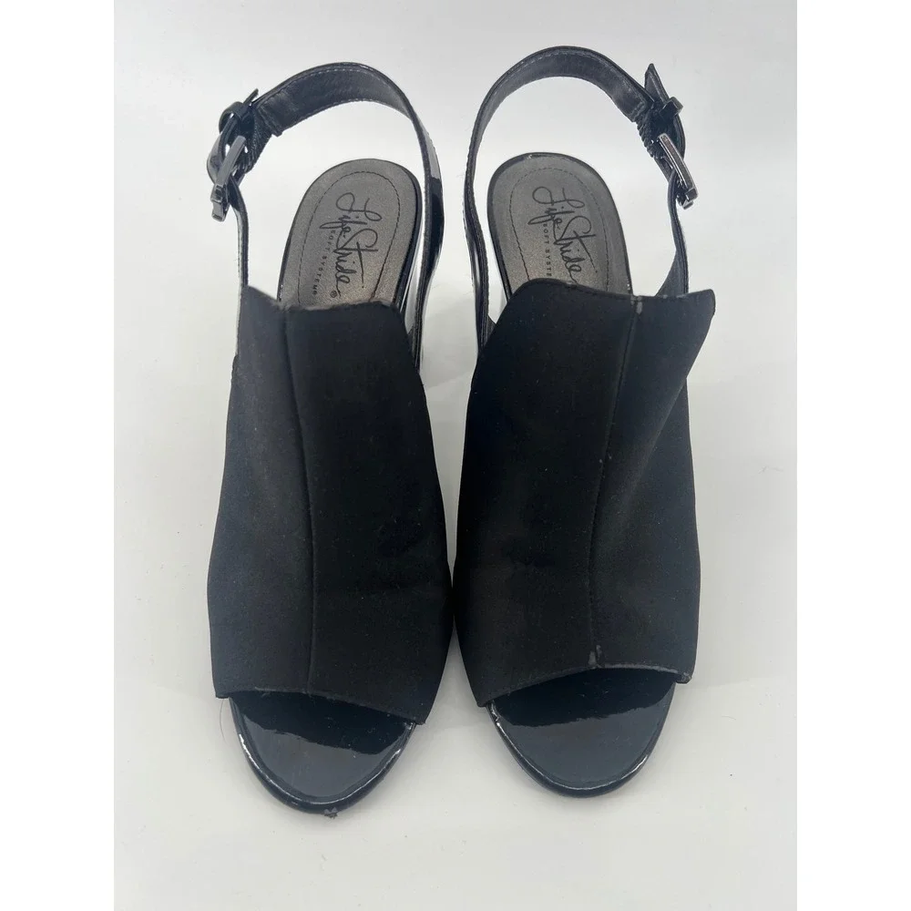 LifeStride Soft System Womens Black Peep Toe Slingback Block Heel Sandals 8.5W